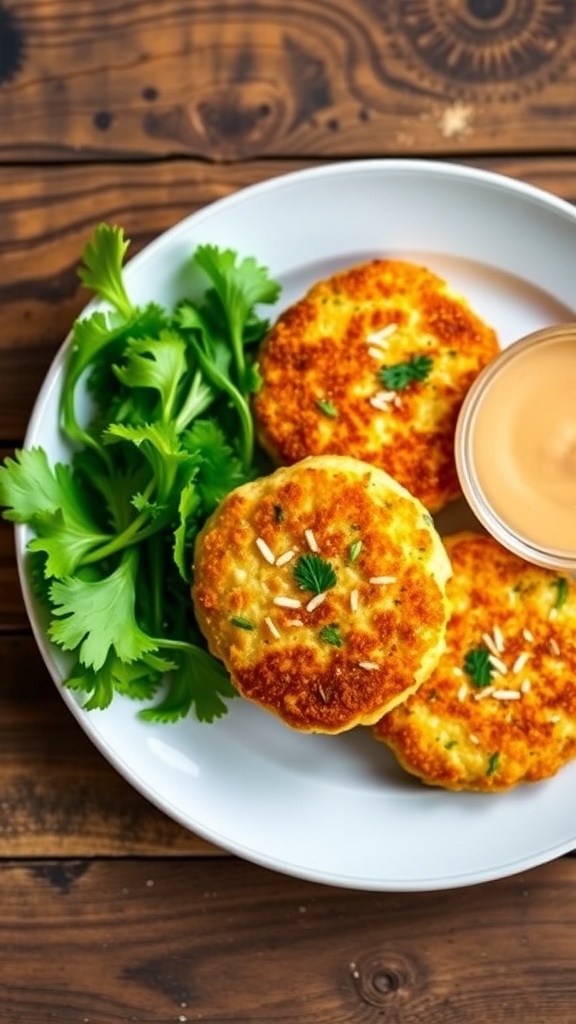 Crispy Air Fryer Salmon Patties Recipe Crispy salmon patties on a plate with dipping sauce and salad.